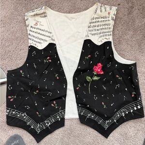Sleeveless Music-Print Black Vest with Rose Accent